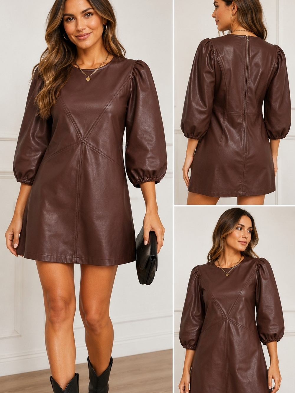 Code Mode Brown Faux Leather Puff Sleeve Mini Dress Size Small Vegan Leather